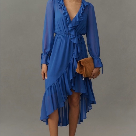 Anthropologie NWT Long-Sleeve Ruffled Asymmetrical Midi Dress XS - Picture 2 of 5